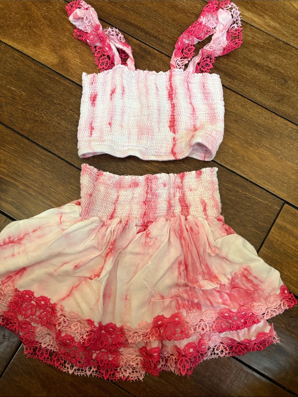 Girls Pink Tie-Dye Lace Two-Piece Matching Set